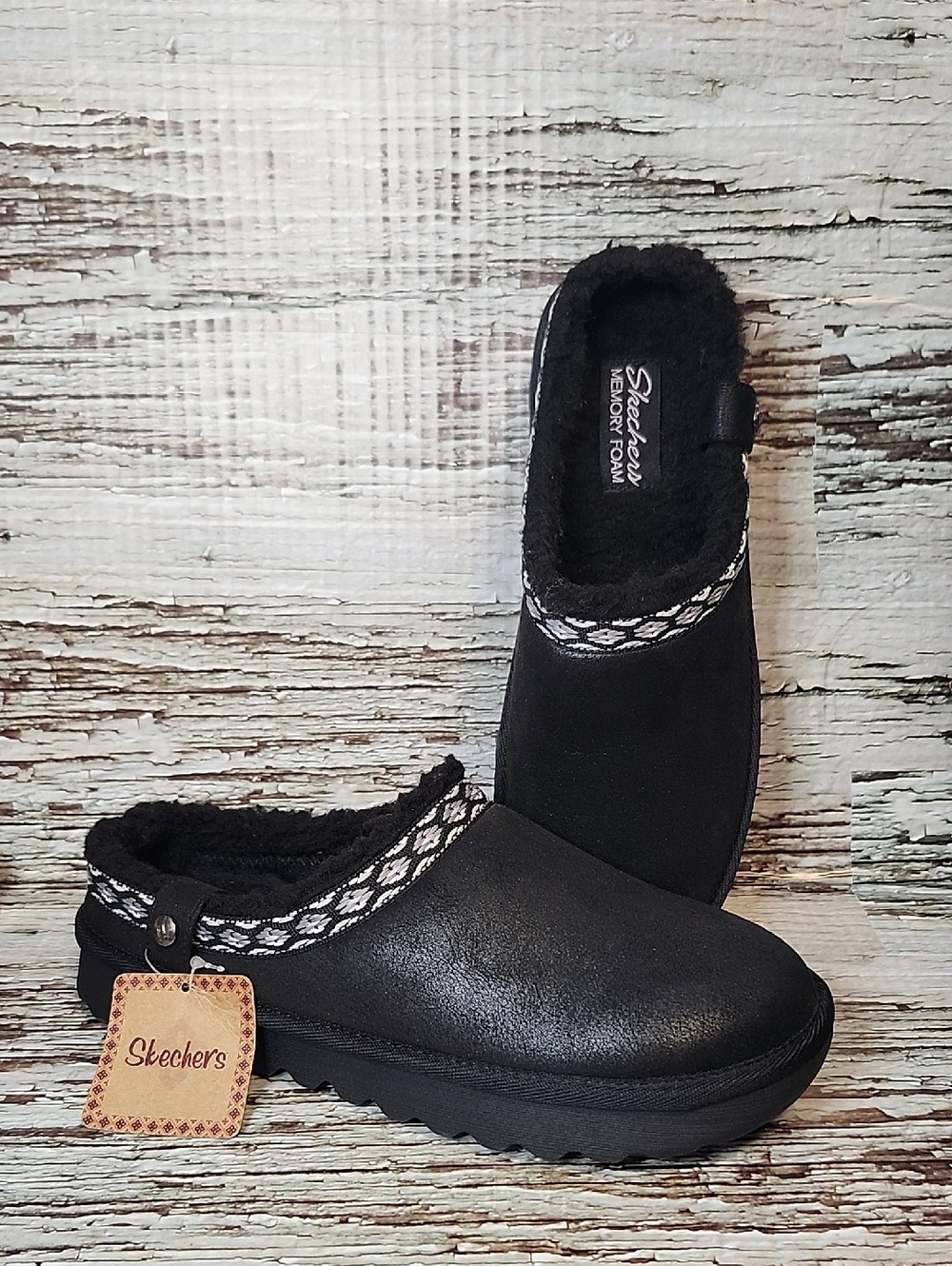 Skechers Black Faux-Fur Lined Slip-On Clog with Patterned Trim